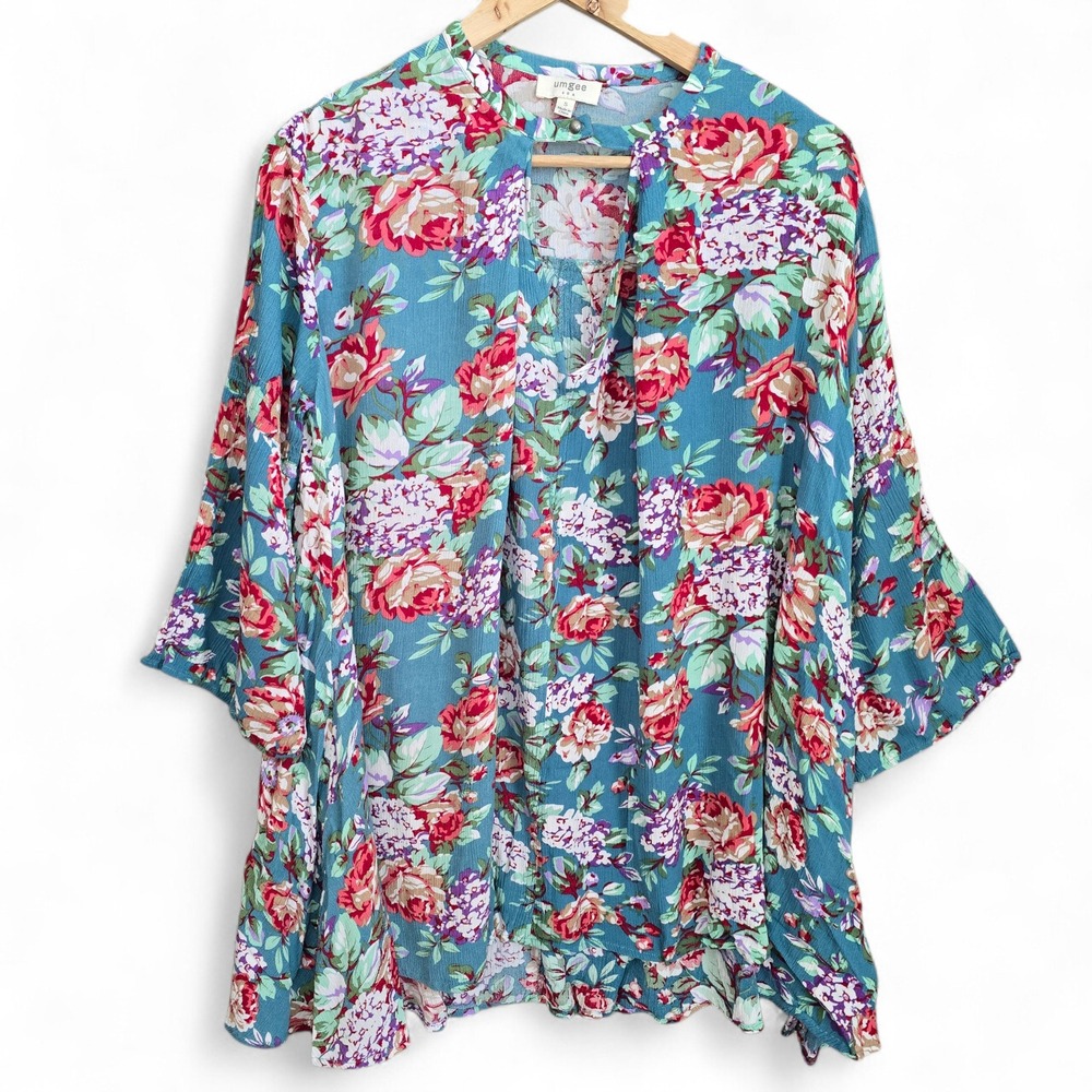Umgee Mini Dress Womens Small Floral Print Boho Keyhole Neck Tunic‎ Long Sleeve